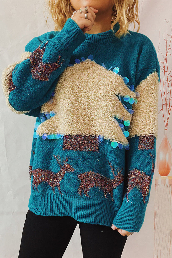 Stilla | Lækkert Juletræ Paillet Patch Rundhalset Pullover