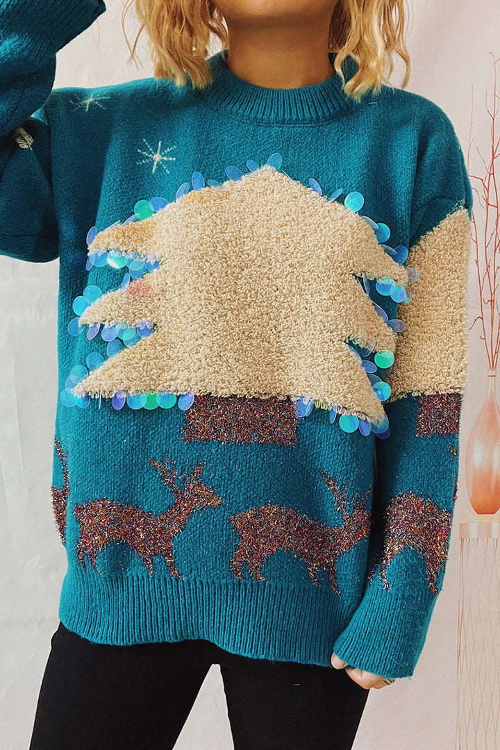 Stilla | Lækkert Juletræ Paillet Patch Rundhalset Pullover
