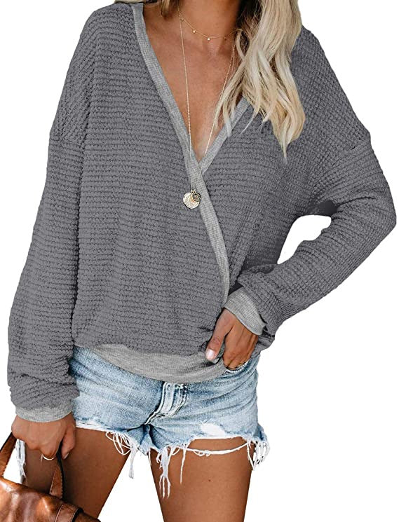 Dame afslappet V-hals pullover med struktureret overflade Stilla