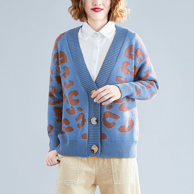 Kvinder's Stor Strik Cardigan med Leopard Mønster og Knap Detaljer Stilla