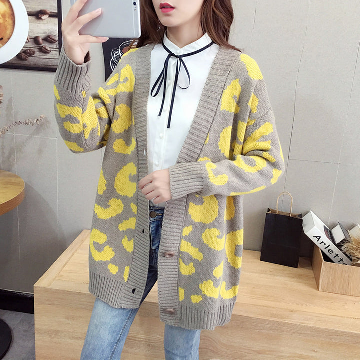 Kvinder's Stor Strik Cardigan med Leopard Mønster og Knap Detaljer Stilla