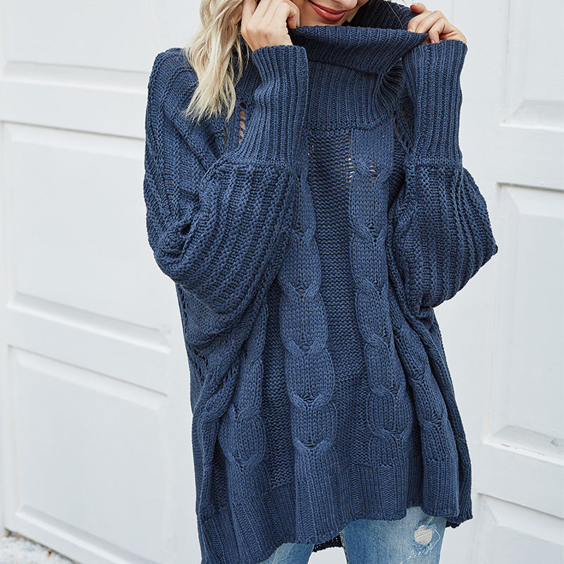 Dame Grovstrikket sweater med elegant rullekrave og raffineret hækle mønster Stilla