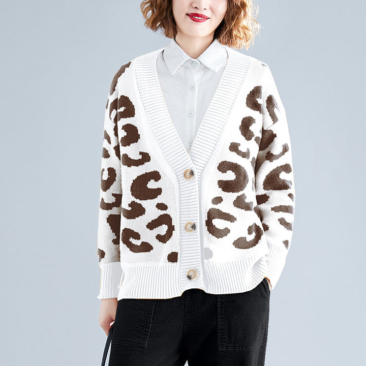 Kvinder's Stor Strik Cardigan med Leopard Mønster og Knap Detaljer Stilla