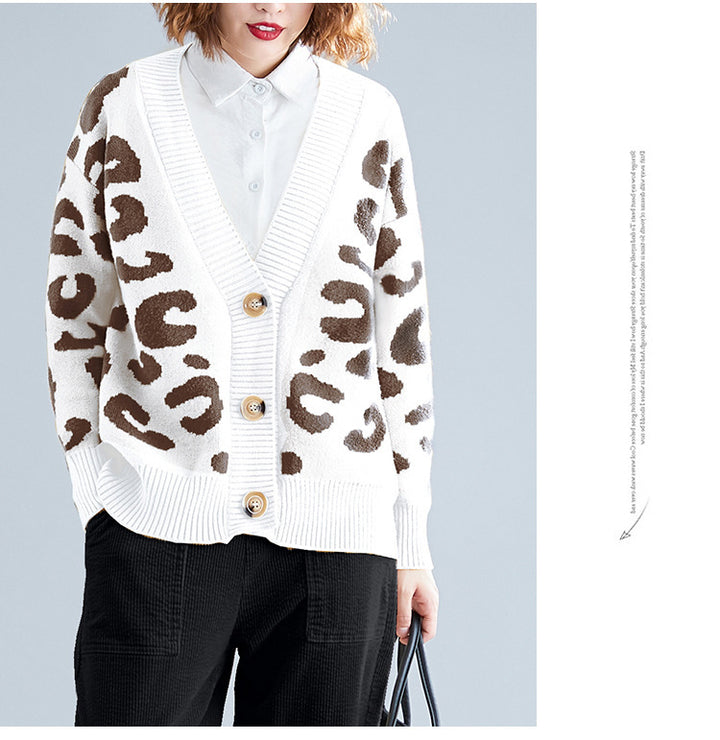 Kvinder's Stor Strik Cardigan med Leopard Mønster og Knap Detaljer Stilla