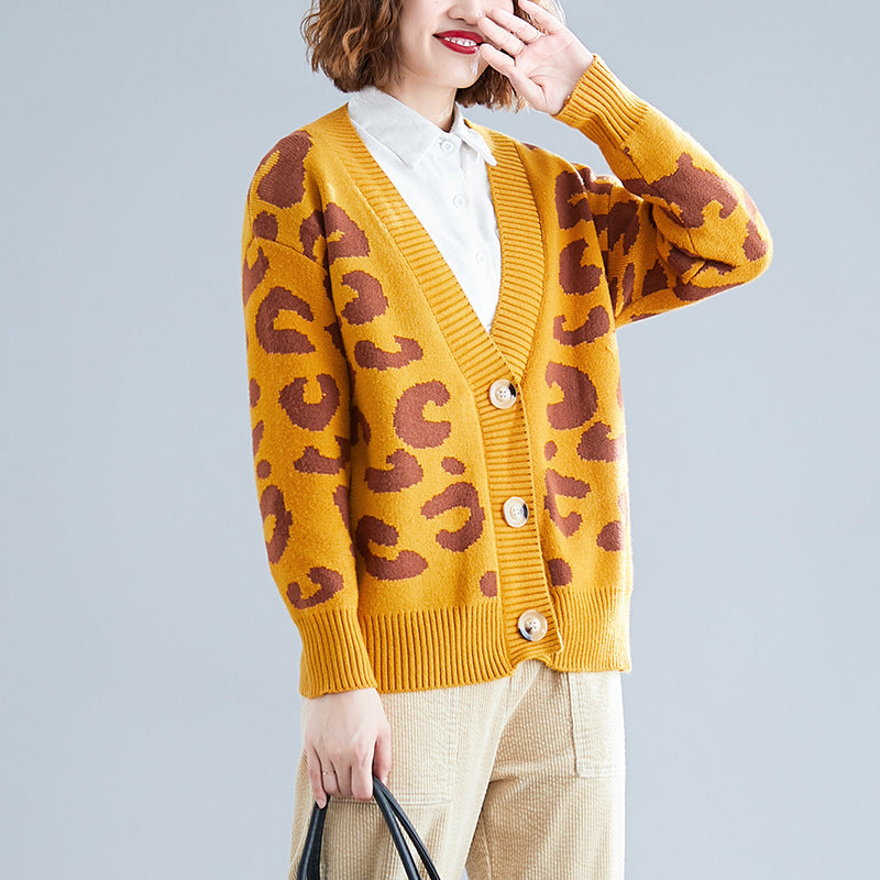 Kvinder's Stor Strik Cardigan med Leopard Mønster og Knap Detaljer Stilla