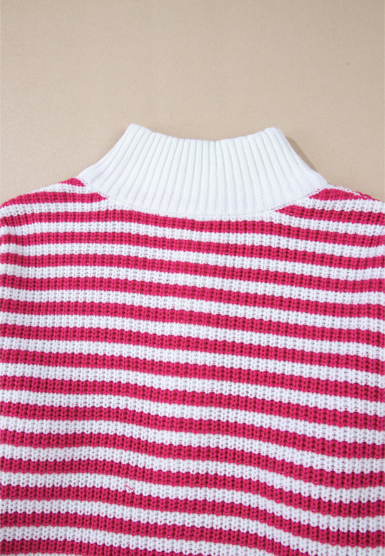 Stilla | Stribet Pullover Med Lange Ærmer og Halv Lynlås og Ståkrave
