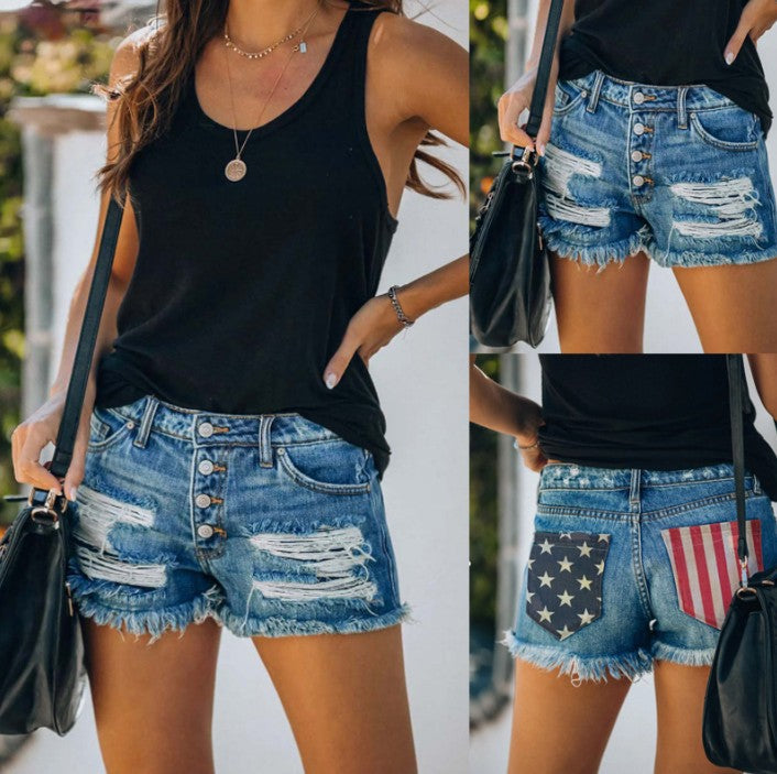 Dame Højtaljede Denim-Shorts med patriotiske detaljer og frynset kant Stilla