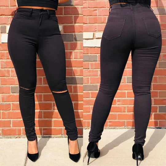 Dame høj taljede skinny jeans med moderigtige riftedetaljer og figurformende snit Stilla