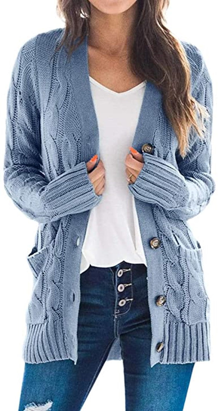 Kvindernes chunky strikkede cardigan med store knapper og praktiske lommer Stilla
