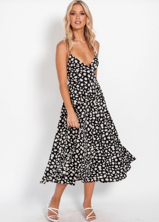 Femme Floral Midi Kjole med dybt V-udskæring og flydende Skørt Stilla
