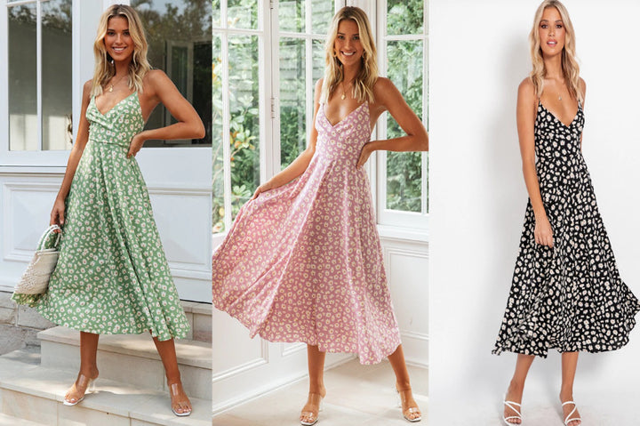 Femme Floral Midi Kjole med dybt V-udskæring og flydende Skørt Stilla