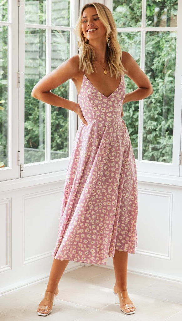 Femme Floral Midi Kjole med dybt V-udskæring og flydende Skørt Stilla