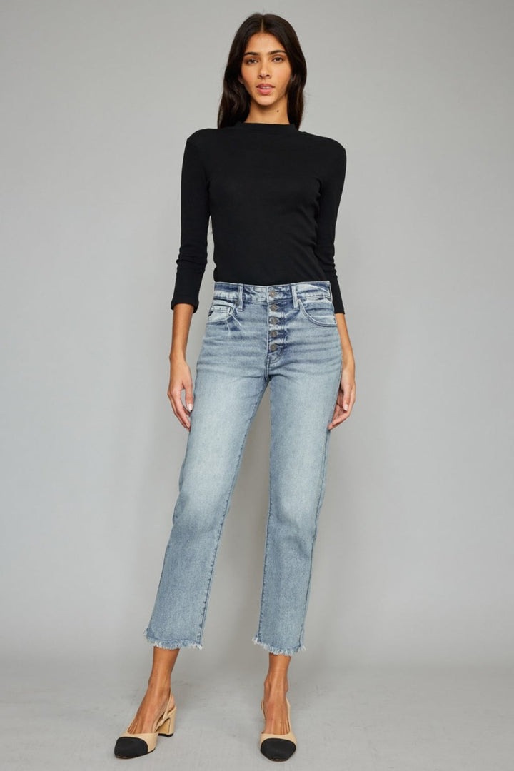 Stilla | Høj Talje Knap Fly Raw Hem Beskårede Lige Jeans
