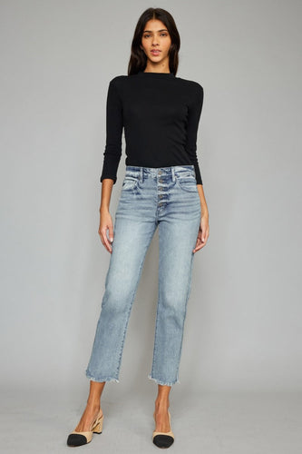 Stilla | Høj Talje Knap Lukning Rå Kant Cropped Straight Jeans