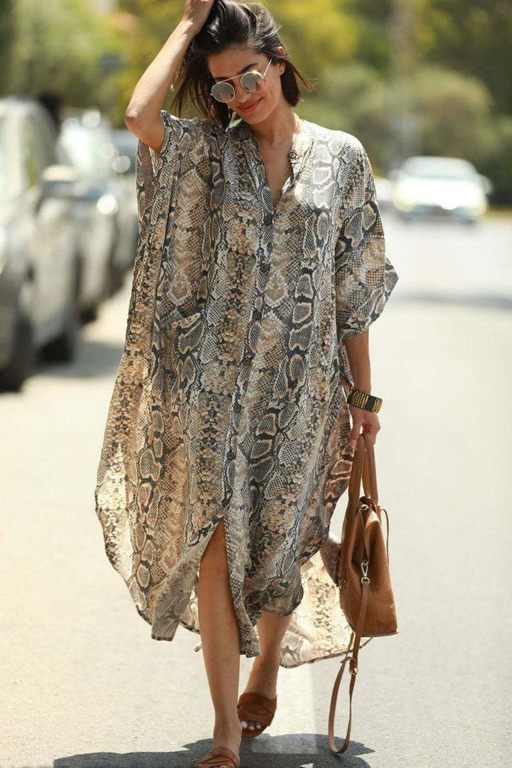 Dame Kaftan med stilfulde striber og knapliste Stilla