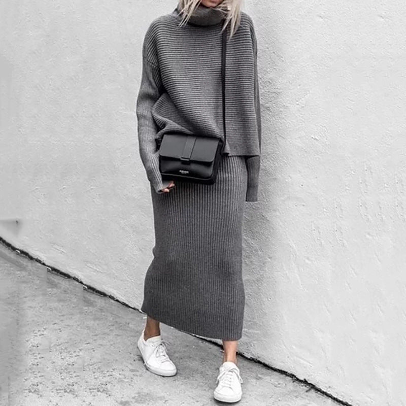 Stilla | Delt Outfit Solid Langærmet Turtleneck Striktrøje Og Bodycon Midi Nederdel Sæt