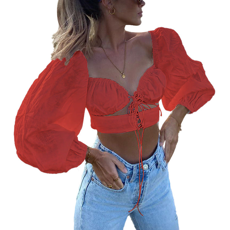 Dame Trendy Cropped Top med voluminøse ærmer og justerbart bindebånd Stilla