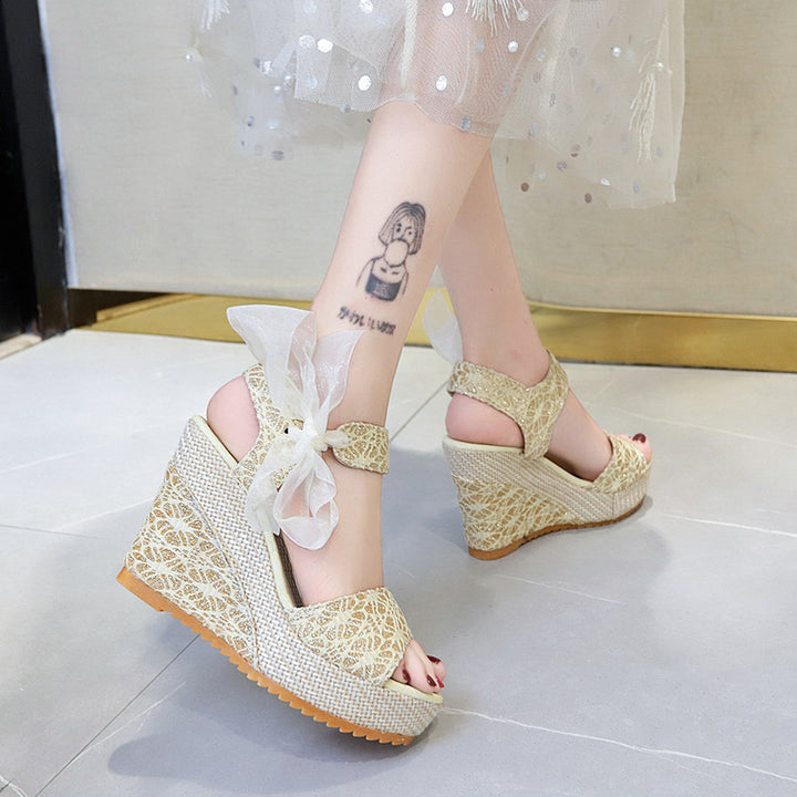 Dame Wedge-sandaler med delikat sløjfe-detalje og elegant jute-look Stilla