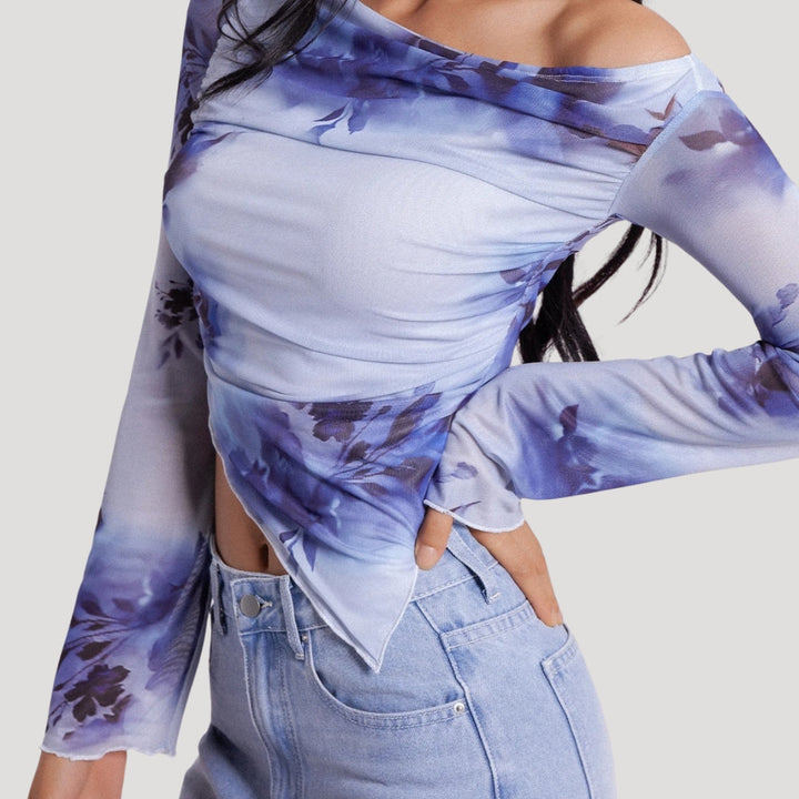 Stilla | Off Shoulder Blå Blomster Mesh Top