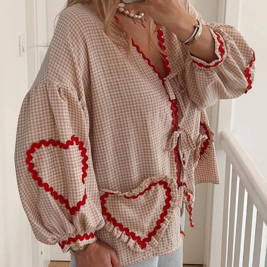Stilla | Gingham Bånd Front Strikketrøje Med Hjerte Detaljer