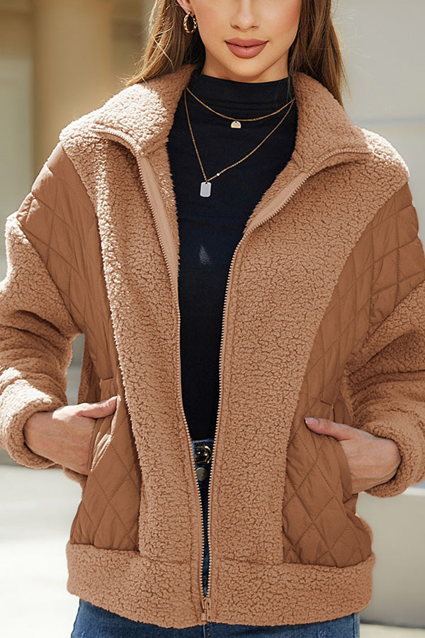 Stilla | Langærmet cardigan med lynlås i fleece patchwork damesjakke