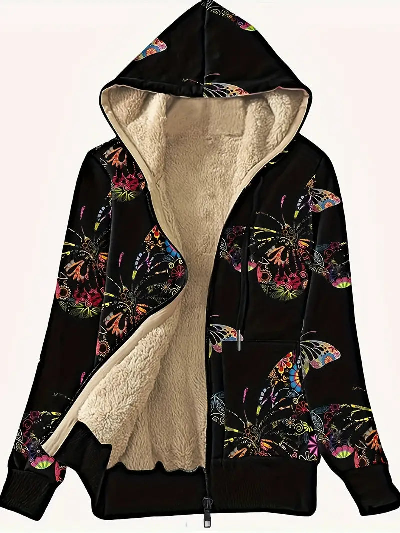 Stilla | Sweatjakke med foer af fake-fur med sommerfuglevinge-print