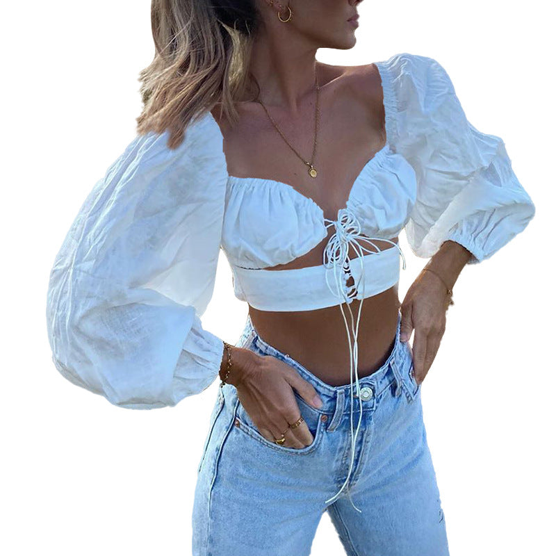 Dame Trendy Cropped Top med voluminøse ærmer og justerbart bindebånd Stilla