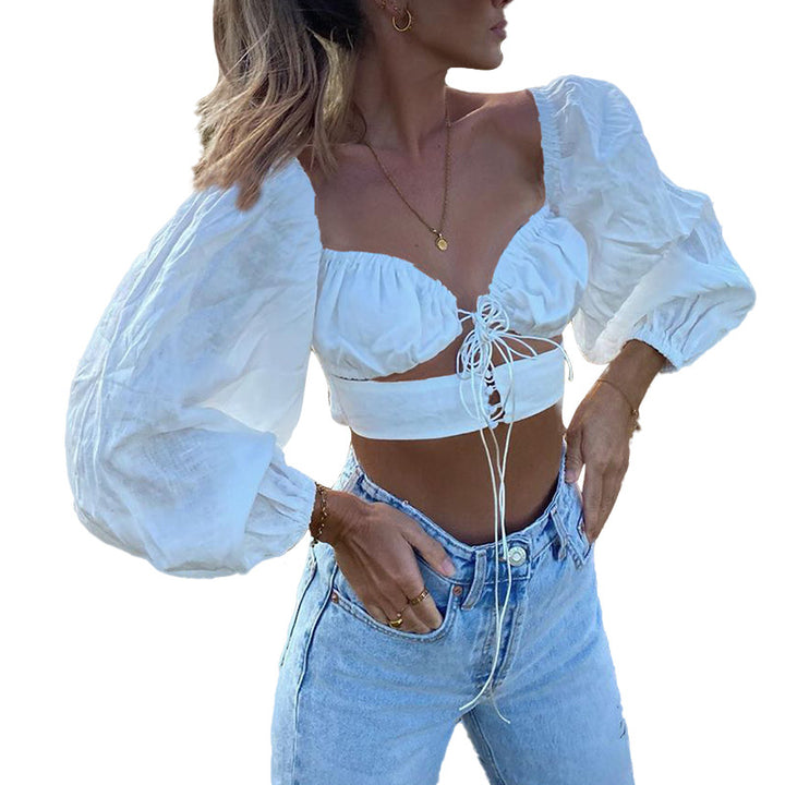 Dame Trendy Cropped Top med voluminøse ærmer og justerbart bindebånd Stilla