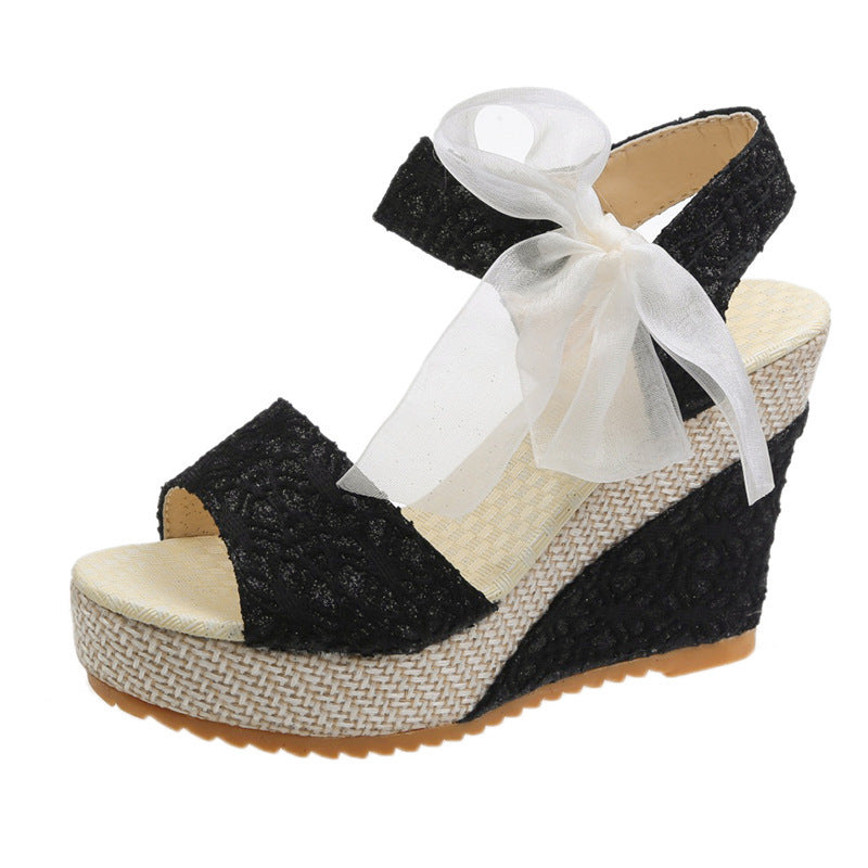 Dame Wedge-sandaler med delikat sløjfe-detalje og elegant jute-look Stilla