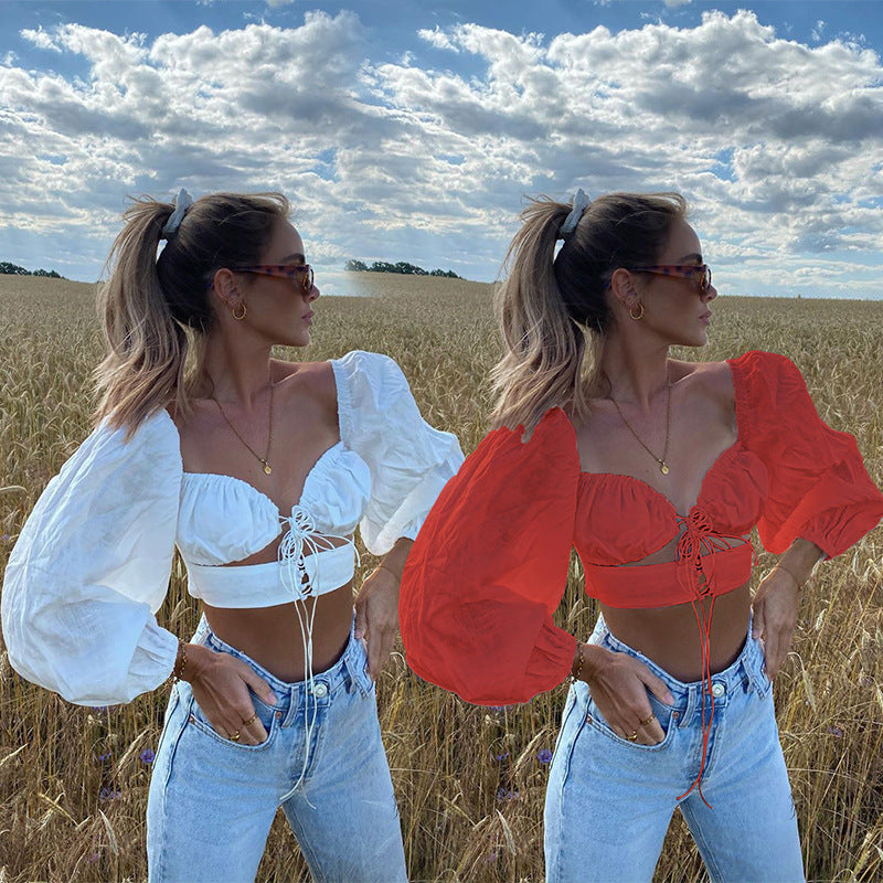 Dame Trendy Cropped Top med voluminøse ærmer og justerbart bindebånd Stilla