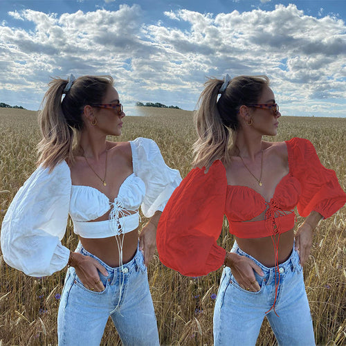 Dame Trendy Cropped Top med voluminøse ærmer og justerbart bindebånd Stilla