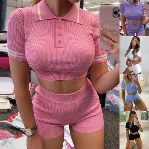 Damer kortærmet crop-top med matchende højtaljet shorts Stilla