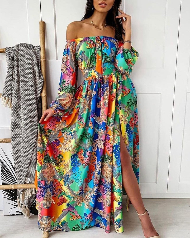 Dame Maxi-kjole med off-shoulder design og farverigt blomster mønster Stilla