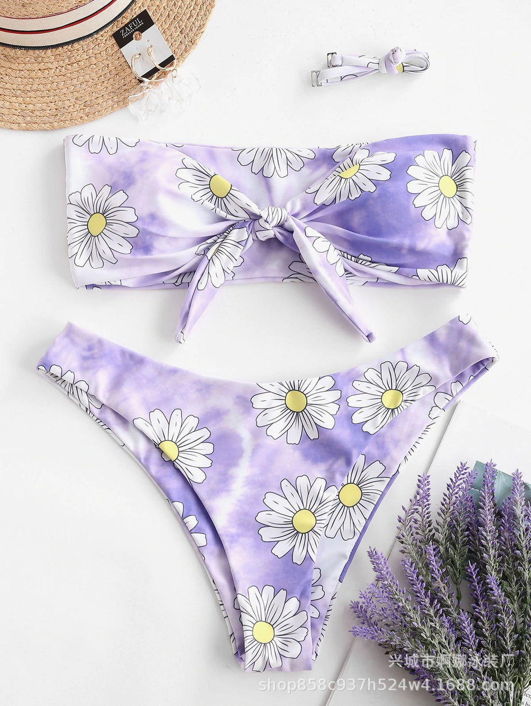 Dame bandeau-bikini med florale accenter og høj benudskæring Stilla