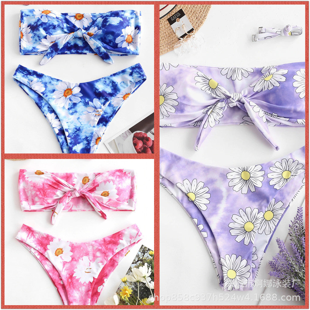 Dame bandeau-bikini med florale accenter og høj benudskæring Stilla