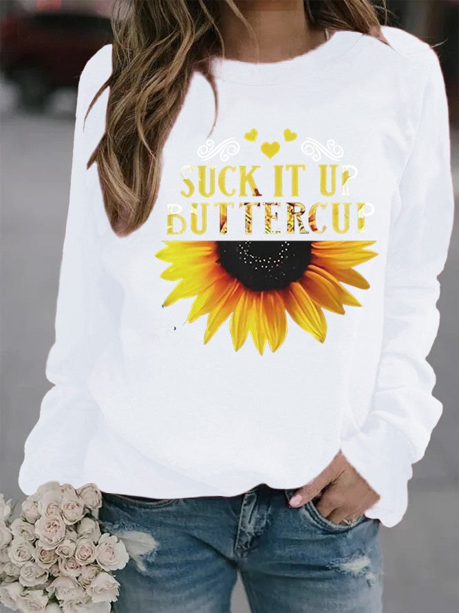 Kvinders sweatshirt med kreativ solsikkeprint og motiverende citat Stilla