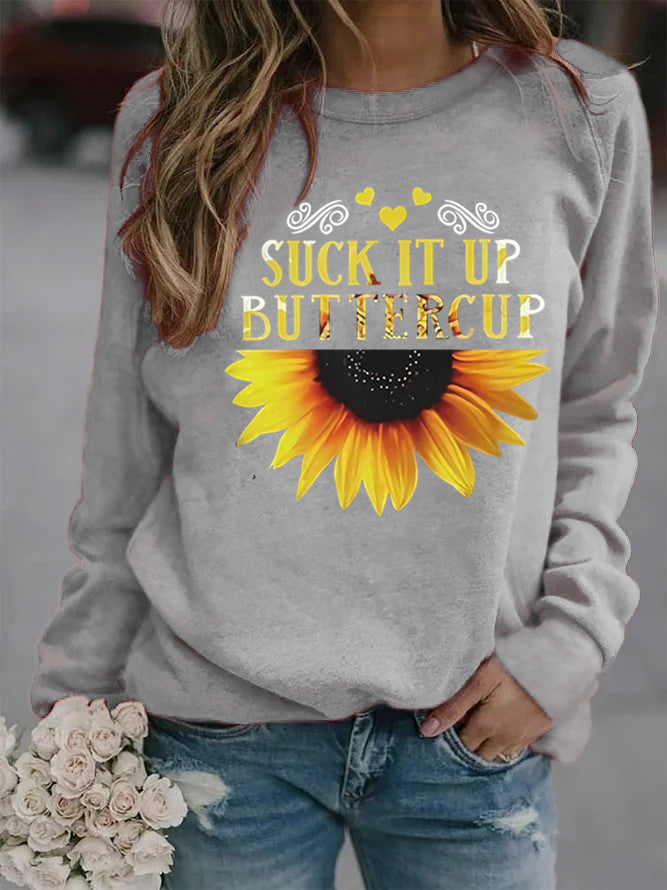 Kvinders sweatshirt med kreativ solsikkeprint og motiverende citat Stilla