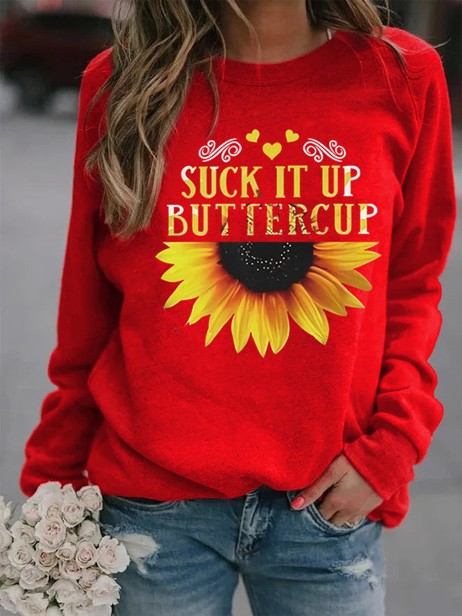 Kvinders sweatshirt med kreativ solsikkeprint og motiverende citat Stilla