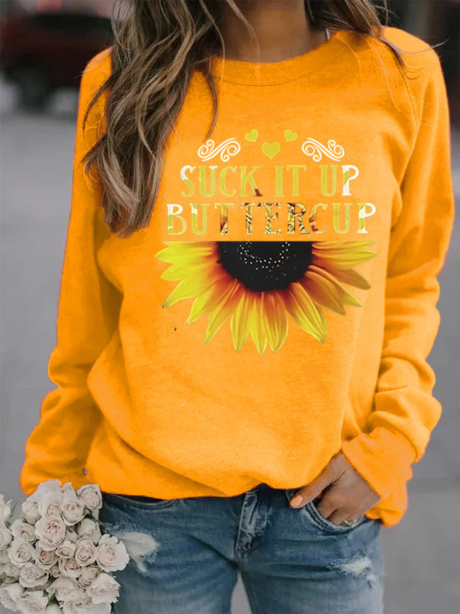 Kvinders sweatshirt med kreativ solsikkeprint og motiverende citat Stilla