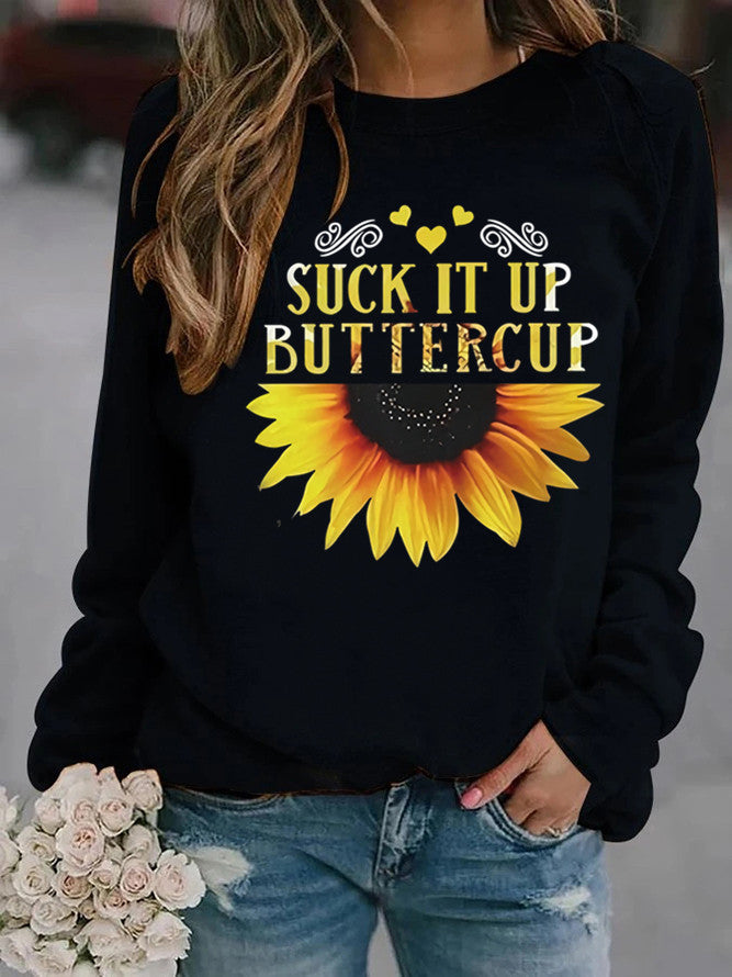 Kvinders sweatshirt med kreativ solsikkeprint og motiverende citat Stilla