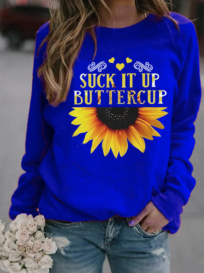 Kvinders sweatshirt med kreativ solsikkeprint og motiverende citat Stilla