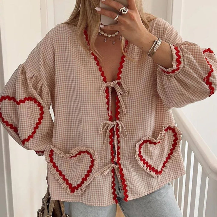 Stilla | Gingham Bånd Front Strikketrøje Med Hjerte Detaljer