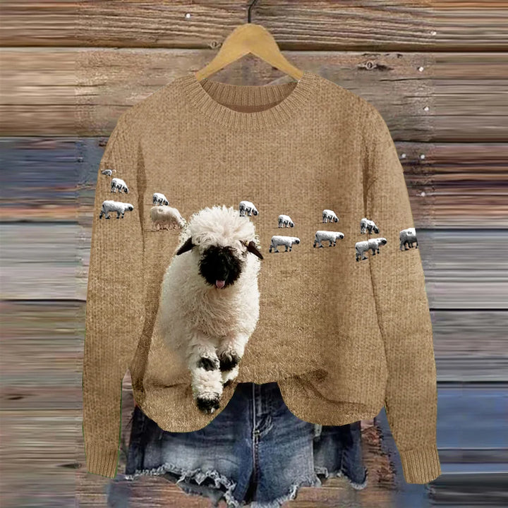 Stilla | Behagelig Strikpullover Med Rund Halsudskæring og Stray Sheep Tryk