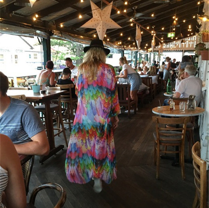 Dame Gennemsigtig Strandkimono med farverigt Fjerdesign Stilla