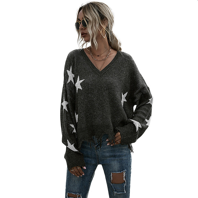 Kvinder Oversize Sweatshirt med Stjernesynd og Dyb V-Hals Stilla