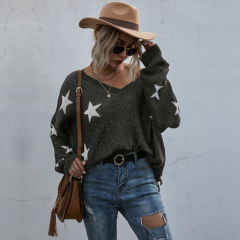 Kvinder Oversize Sweatshirt med Stjernesynd og Dyb V-Hals Stilla