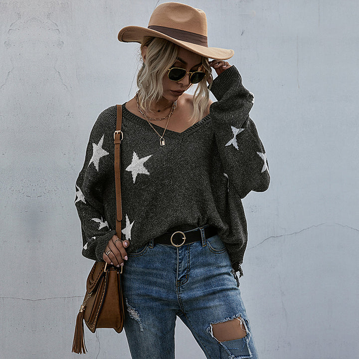 Kvinder Oversize Sweatshirt med Stjernesynd og Dyb V-Hals Stilla