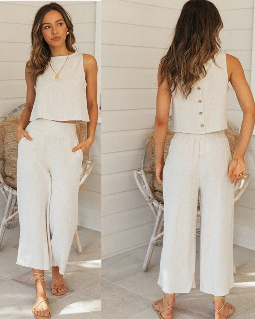 Kvinders afslappede to-delssæt med cropped top og brede bukser stil Stilla