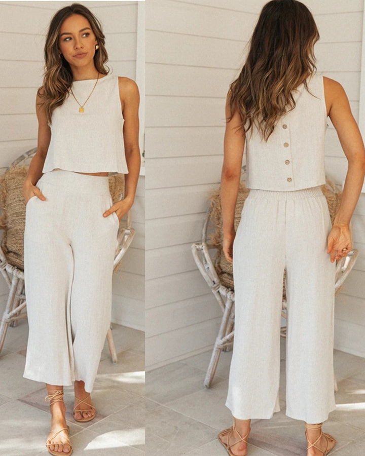 Kvinders afslappede to-delssæt med cropped top og brede bukser stil Stilla