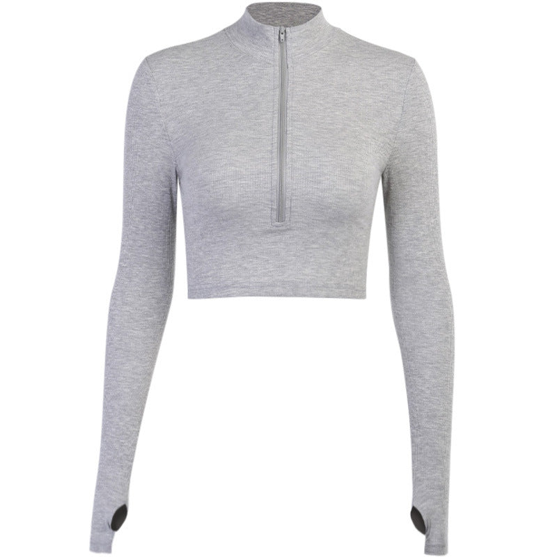 Kvinders trendy crop top med høj krave lynlås og lange ærmer Skovae